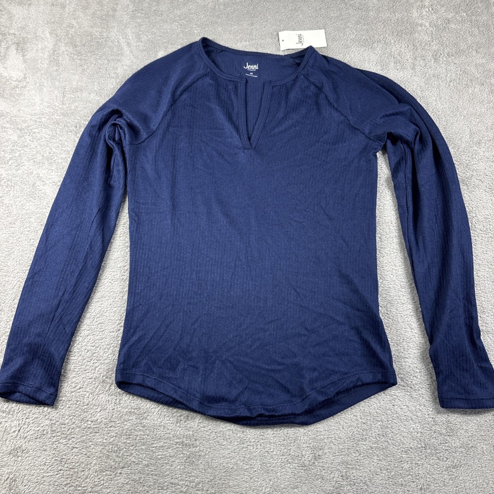 Jenni Intimates Solid Ribbed Long Sleeve Split V-Neck Blue Size M NWT‎